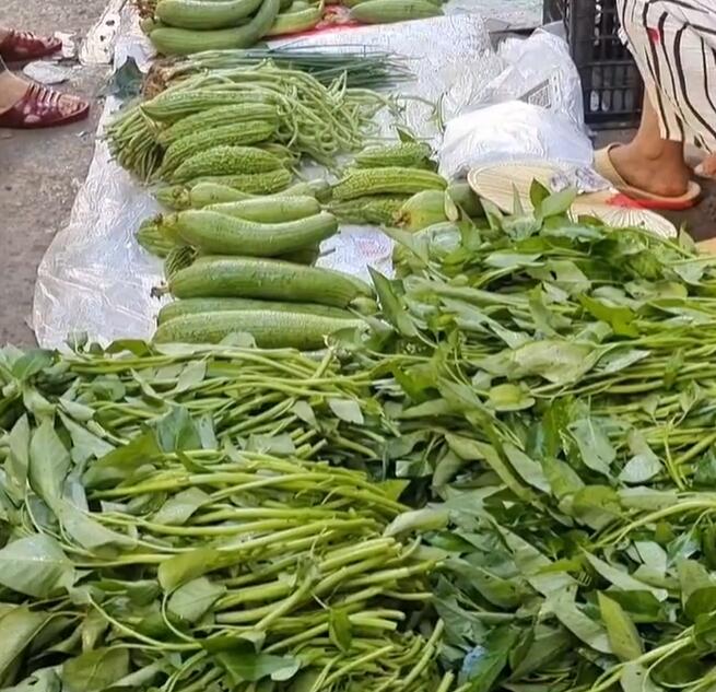 榕山镇集市上新鲜的蔬菜空心菜、丝瓜、苦瓜、豇豆