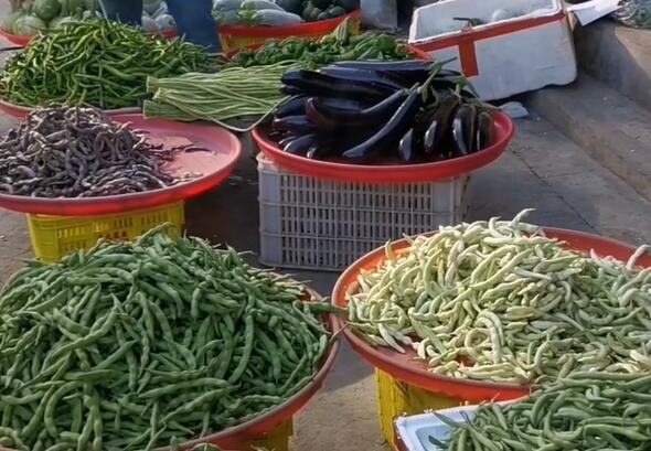 黄坭镇集市上码得很整齐的菜，四季豆、茄子和豇豆等