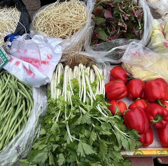 盐店镇码得整整齐齐的蔬菜，芹菜、甜椒、折耳根等